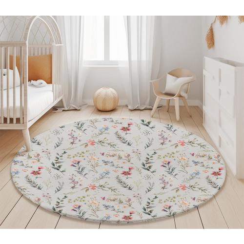 Round Floral Nursery Rug, Wildflower Baby Room Rug, Pastel Botanical Kids Area Rug, Thin Soft Playroom Carpet, Cottagecore Nursery Decor