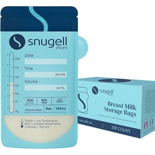 Snugell 200-Count Breast Milk Storage Bags (180ml) – Leak-Proof, Self-Standing Freezer Pouches | BPA-Free & Pre-Sterilized for Baby Feeding
