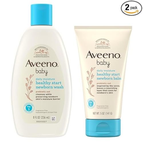 Bundle of Aveeno Baby Healthy Start Newborn Wash, Hypoallergenic Baby Body Wash with Prebiotic Oat, Fragrance-Free, 8 fl. oz + Newborn Balm, Baby Skin Balm with Prebiotic Oat , Fragrance-Free, 5 oz