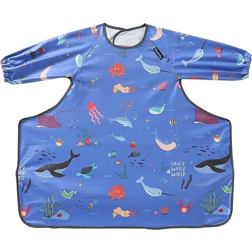 Weaning Bib & BLW Attaches and Fully Cover to Baby Highchair, Long Sleeves Bib with Waterproof, Comfortable,Machine Washable, Suitable for Baby Infant -Blue