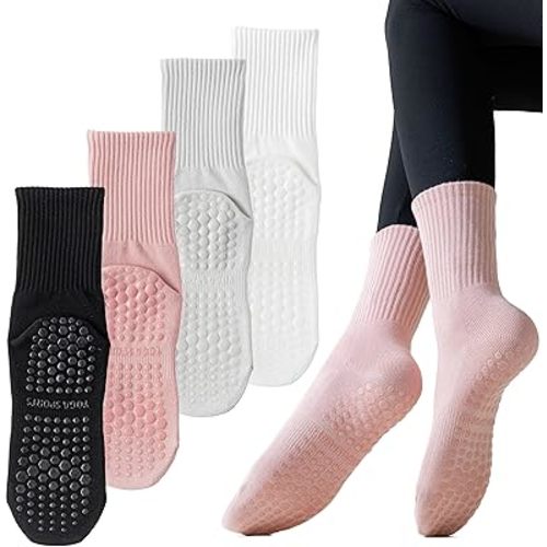 Yoga Pilates Non Slip Socks with Grips for Women (4 Pairs) Non Skid Gripper Crew Socks for Yoga Hospital Pilates Barre Home