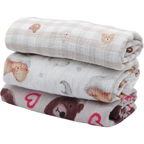 Muslin Swaddle Blanket for Newborn, 3 Pack, Soft Breathable Receiving Blanket, 38 x 40 Inches, Swaddle Wrap and Burping Cloth (Bear)