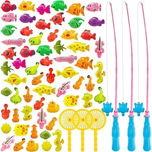 62Pcs Magnetic Fishing Game for Kids, Bathtub Kiddie Party Toy, Plastic Floating Fish with Pole Rod Net, Bath Toys for Kids Ages 4-8