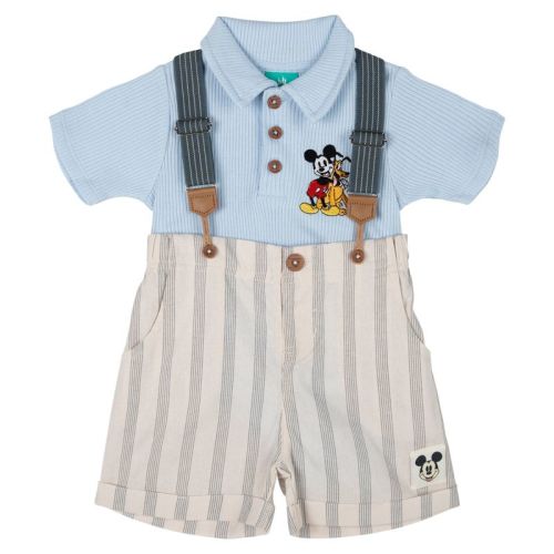 Disney Mickey Mouse Newborn Baby Boys Ribbed Polo Bodysuit and Shorts Outfit Set Pale Sky Blue / Cream 3-6 Months