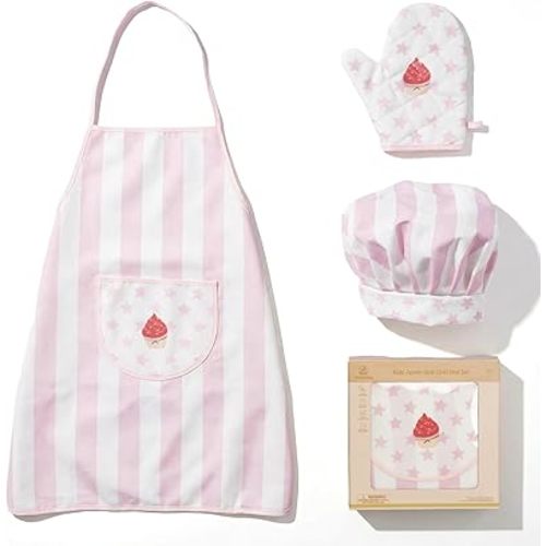 Kid Apron and Chef Hat Set, 3Pcs Children Cooking Baking Set Kits | Pink Role Play Chef Toy Kid Cooking Birthday Gift for Girls Boys Age 3 Up