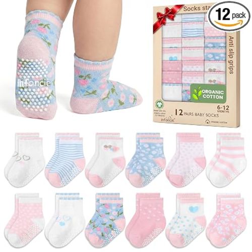 GOTS Organic Cotton Blend 12 Baby Girl Socks Newborn 6-12 M Non Slip Gift