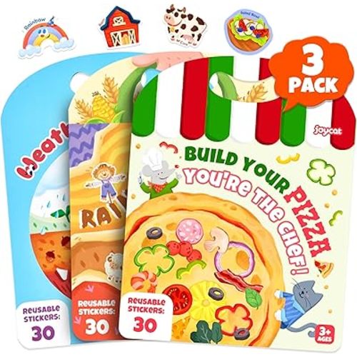 JoyCat Reusable Sticker Book Set (3-Pack): Farm, Pizza-Making, Weather - 90 Pcs Stickers for Toddlers, Kids Sticker Activity Book, Road Trip Travel Toys, Birthday Gifts for Boys and Girls