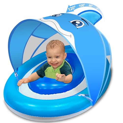 Baby Pool Float with Canopy UPF50+ for Age 6-36 Months 4 Stage Adjustable Canopy and Anti-Tip Safety Seat Dual Air Chambers Inflatable Toddler Floaties Infant Pool Float, Baby Beach Essentials
