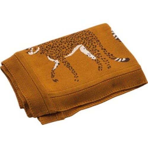 Cotton Knit Baby Blanket with Cheetahs, Mustard Color, Black and White