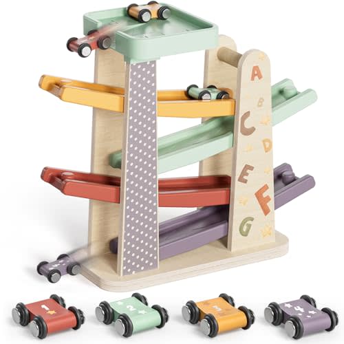 TOP BRIGHT Montessori Wooden Toys Car Ramp - 1 Year Old Boy Birthday Gift | Includes 4 Cars & Garage, Wooden Ramp Develops Motor Skills, ASTM & EN71 Certified Safe