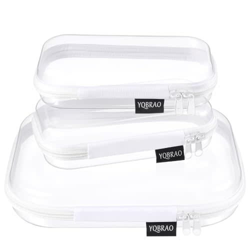 YQBRAO 3-Piece Clear Hard Shell Zipper Case Set, 1M 2S, White | Rigid clear shell and dual zippers keep makeup, tech, travel essentials, and daily items organized and easy to see