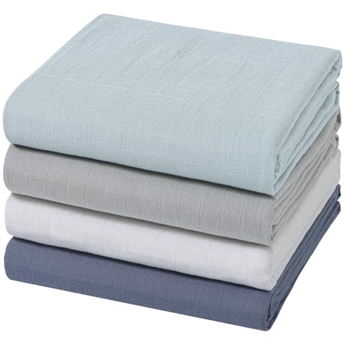 Muslin Swaddle Blankets for Boys & Girls, Newborn Receiving Blankets, 4 Pack Soft Breathable Baby Swaddles, Large 47x47 Inches, Grey Blue White Green