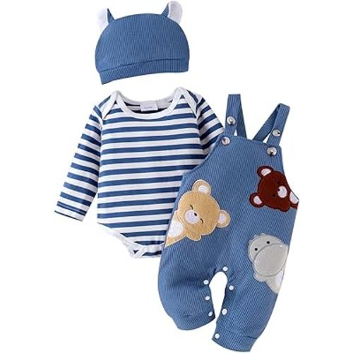 Baby Boy Clothes Newborn Striped Romper Fall Outfits + Infant Cartoon Suspender Overall + Cute Hat 3 Pcs 0-18 Months