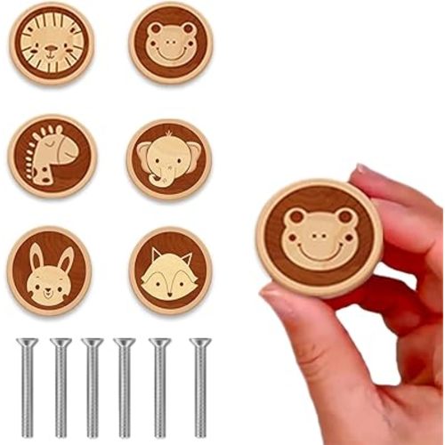 6 Pack Wooden Cartoon Animal Cabinet Knob 40MM/1.57" Kids Dresser Knobs Dresser Handle Drawer Knobs for Nursery