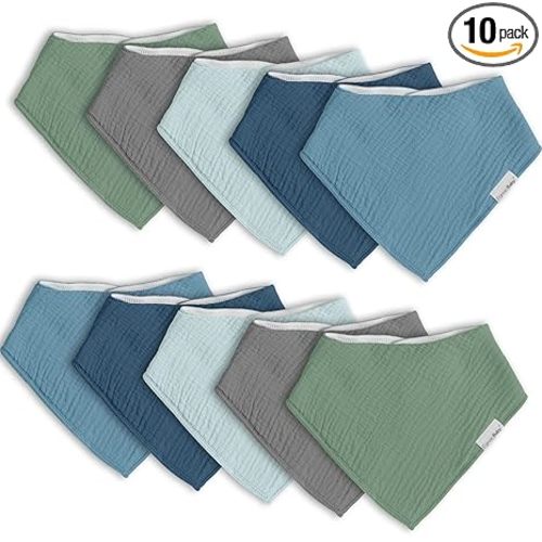 Muslin Baby Bibs for Boys Girls,10 Pack Super Absorbent Baby Bandana Drool Bibs Set for Teething and Drooling,100% Cotton Soft for Infant,Newborn
