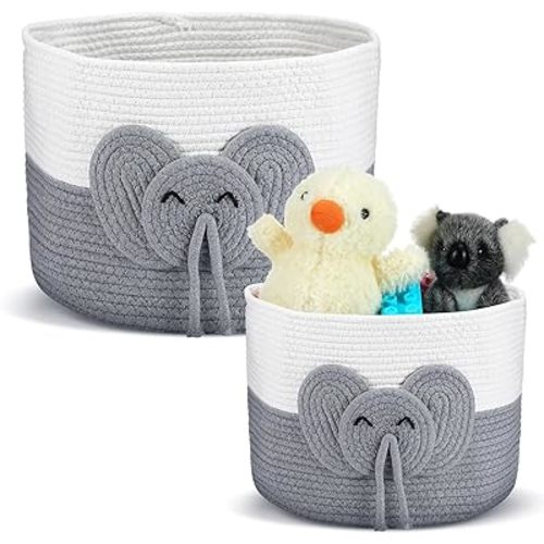 LemonRoad 2 Pcs Cute Elephant Design Storage Basket for Baby Nursery Cotton Rope Baby Organizer Elephant Pattern Toy Laundry Diaper Organizer Baskets 15" x 15" x 11" and 11" x 11" x 7" Newborn Bins