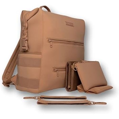 BUNSO Neoprene Diaper Bag, Minimalist Backpack Diaper Bag with Pouch, Changing Pad, and Stroller Straps, Water Resistant and Lightweight Baby Diaper Bag Backpack, Womens and Mens Diaper Bag, Khaki