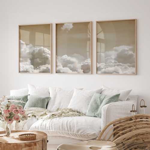 Framed Canvas Cloud Wall Art Set of 3 Beige Cloud Print Aesthetic Above Bed Decor Bedroom Decor Cloud Poster Beige Abstract Art Sky Wall Art