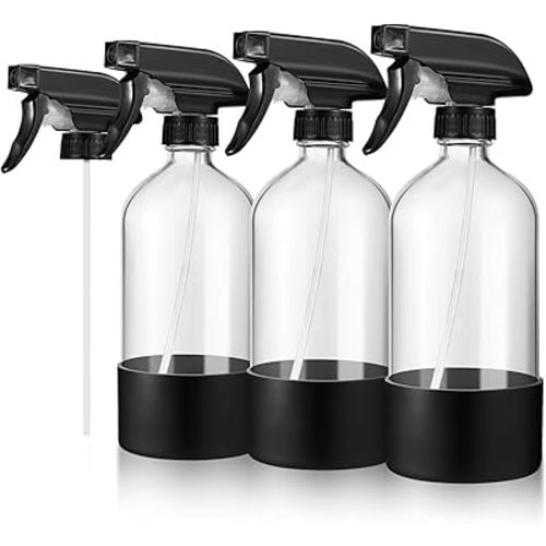 3 Pcs 16oz Empty Glass Spray Bottle with Black Silicone Sleeve Protection - Refillable Boston Round Containers with Adjustable Nozzle for Cleaning Solutions, Essential Oils, Misting Plants, Gardening