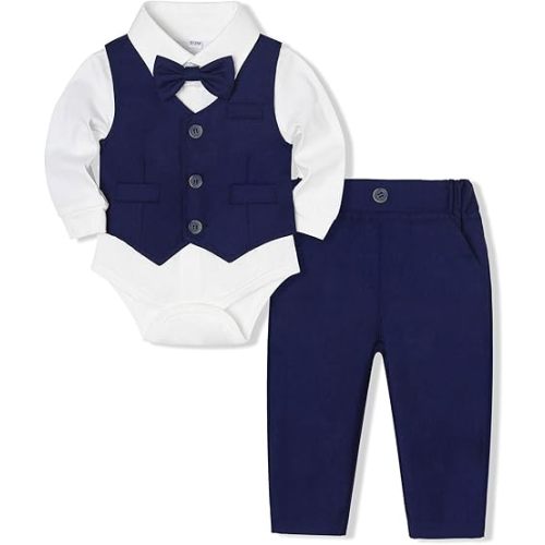 Juivesia Baby Boy Suit Set Infant Tuxedo Formal Outfit Shirt Vest Pants Bow Tie Wedding Baptism Birthday Party (Blue, 0-3 Months)
