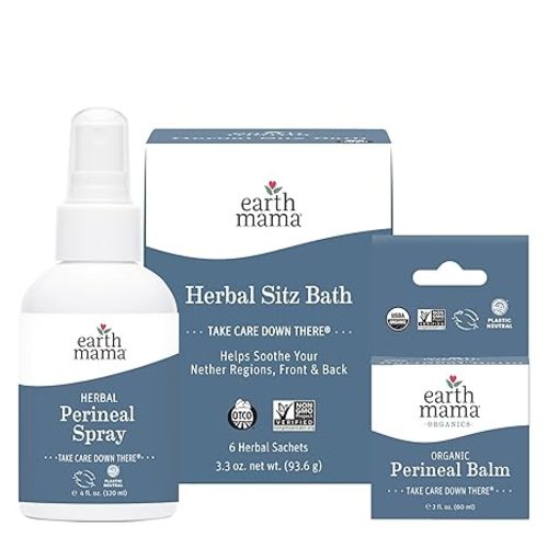 Earth Mama Postpartum Recovery Kit, Take Care Down There® Trifecta with Organic Perineal Balm, Sitz Bath & Herbal Peri Spray, 3-Piece Set