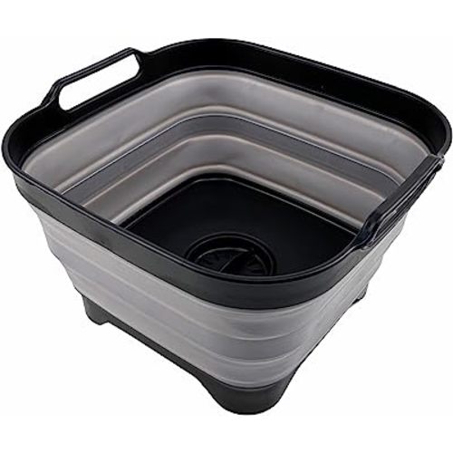 SAMMART 10L (2.64 Gallon) Collapsible Dishpan with Draining Plug - Foldable Washing Basin - Portable Dish Washing Tub - Space Saving Kitchen Storage Tray (Black/Alloy Grey)