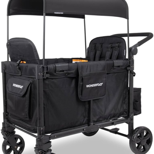 WONDERFOLD W4 Elite Pro Stroller Wagon (4 Seater) - Wagon Stroller with 5-Point Harnesses, Adjustable Push Handle, and Adjustable Sun Canopy - Safety Certified, Charcoal Gray