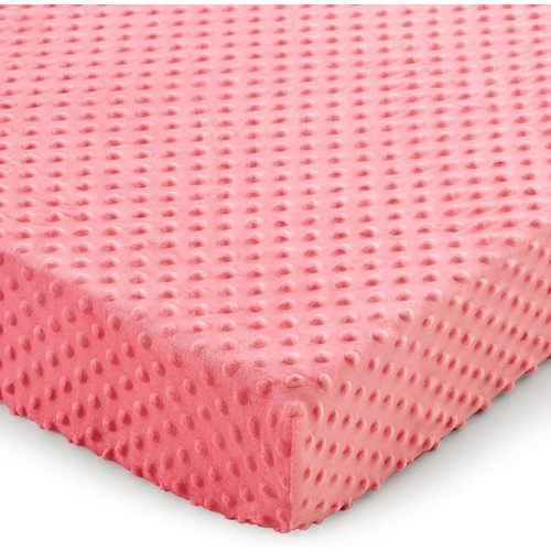 Entisn Pack N Play Sheets Fitted, 26 x 38 Inch Minky Dot Mini Crib Sheet for Girls, Soft and Warm Fleece Nursery Bedding for Most Mini Crib Mattresses (Pink)