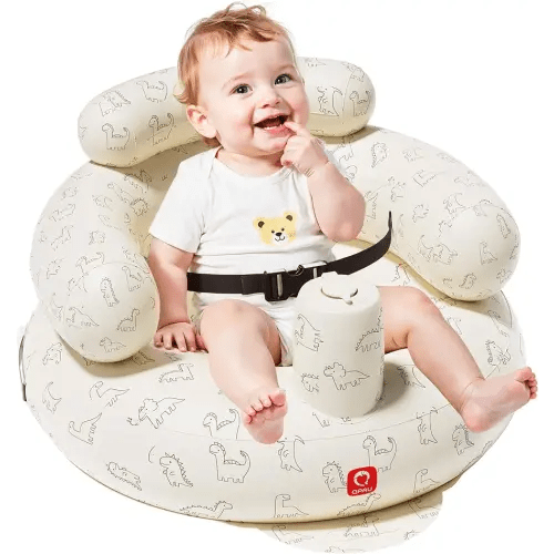 QPAU Inflatable Baby Seat with Safety Harness for Babies 3 Months & Up, Baby Floor Seats for Sitting Up, Baby Seats for Infants, Blow Up Baby Chair with Built in Air Pump (Dinosaur)