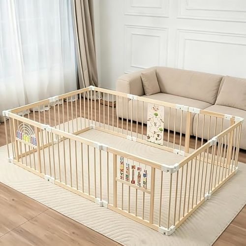 Playpen Large Foldable Playpen for Babies and Toddlers Expandable Activity Center for Baby with Toys Wooden Play pens for Kids with Child-Proof Lock