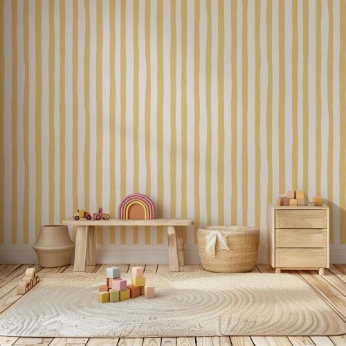 Sunshine Yellow Organic Wobbly Stripes Wallpaper | Soft Ochre and Cream Painterly Striped Baby Nursery Walls