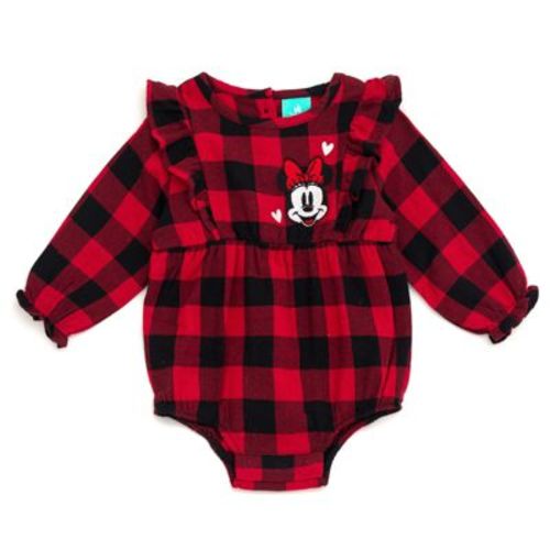 Disney Minnie Mouse Newborn Baby Girls Flannel Bodysuit Buffalo Plaid Red / Black Newborn