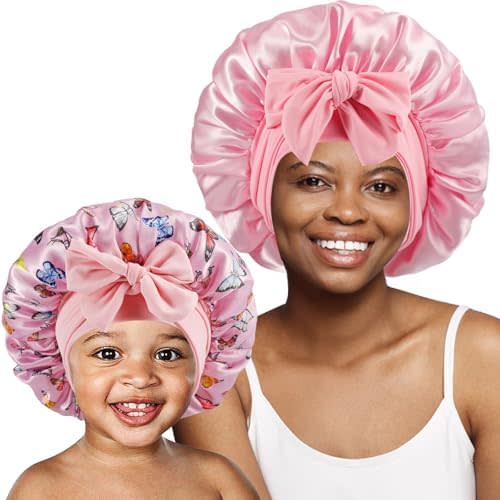 Baby Bonnet Set,Silk Bonnet for Kid Women,Adjustable Hair Bonnets for Women Girl Sleep Cap,Satin Bonnets with Tie Band