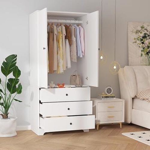 71" Armoire Wardrobe Closet, Bedroom Armoire Clothing Storage Cabinet | 3 Drawers & 2 Doors and Adjustable Shelves Modern Wooden with Aluminum Hanging Rod, Locker