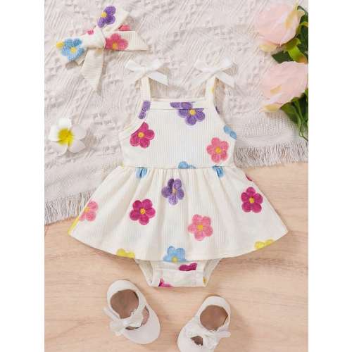 1pc Baby Girl Cute Floral Print Ribbed Texture Sleeveless Romper + Matching Headband 2-Piece Set, Lightweight Summer Outfit, Adorable Daily Wear