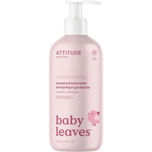 ATTITUDE 2-in-1 Shampoo and Body Wash for Baby, Fragrance-Free EWG Hypoallergenic Plant- and Mineral-Based Ingredients, Vegan and Cruelty-Free, Unscented, 16 Fl Oz