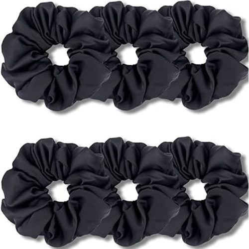 IVARYSS Big Scrunchies for Women Thick Hair, Premium Satin Softer than Silk, XL 6 Inch Extra Large Scrunchy Elastic Hair Bands Accessories, 6 Pack, Black