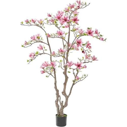 Artificial Magnolia Tree, 6.8FT Tall Fake Indoor Tree, Realistic Real Touch Leaves and Flowers, Perfect for Home Decor, Living Room, Wedding, and Hotel Decor (Pink)