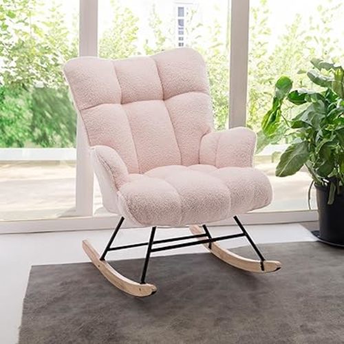SAETSFEG Nursery Rocking Chair Teddy, Upholstered Glider Rocker with High Backrest, Comfortable Stylish Accent Armchair with Padded Seat for Living Rooms, Bedrooms, Pink