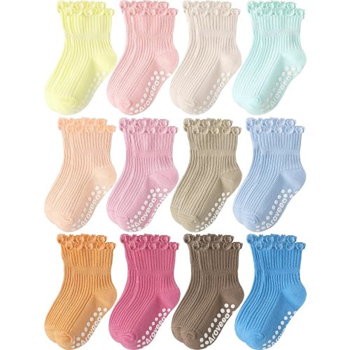 Aroveea Baby Toddler Socks Grip Non Slip Boys Girls Cotton 12 Pack for Kids Ankle Cute Socks 6M-7Years