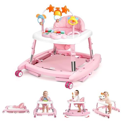 5 in 1 Baby Walker Foldable Music and Lights with 5 Adjustable Heights, Baby Walker with Wheels Portable, Infant Toddler Walker for Baby Boy Girls 6-18 Months (Pink)
