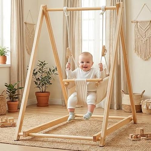 Baby Swing for Infants to Toddler - Canvas Indoor Outdoor Hanging Swing Seat with Safety Belt & Soft Cushion - Durable Wooden Hammock Chair for Nursery, Patio, Tree - Ideal