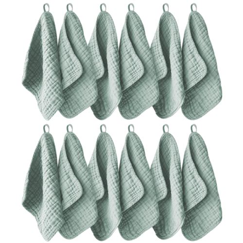 Ease Cubs 12 Pack Muslin Washcloths for Baby - 100% Cotton Baby Wash Cloths for or Baby Face Body Comfy and Soft for Newborn Infants Kids Girls and Boys - 12"x12" - Green