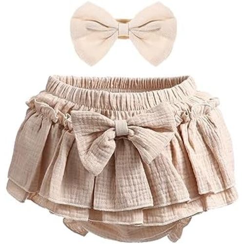 Newborn Baby Girl Cotton Skirts with Built-in Shorts Toddlers Ruffle Diaper Covers Infant Skorts with Bows Headband