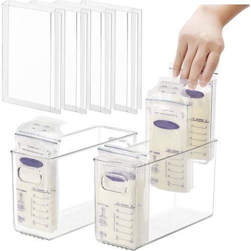 Breastmilk Storage Container with Freezer Flattener Kit to Flatten Standing Breast Milk Bags in Organizer Bins Save Refrigerator Space(2 Pack)