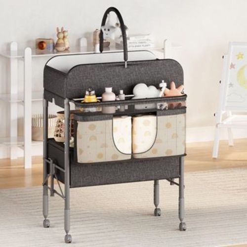 Adjustable Height Baby Changing Table with Wheels, Collapsible Diaper Station with 2 Drawers & Storage, Mobile Nursery Organizer with Waterproof Top