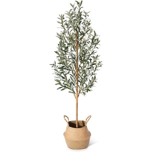 Faux Olive Tree 6FT – Tall Artificial Plants Indoor with Real Wood Trunk & Seagrass Basket, Lifelike Silk Leaves & Fruits – Potted Large Fake Trees for Home, Living Room, Bedroom & Office Decor