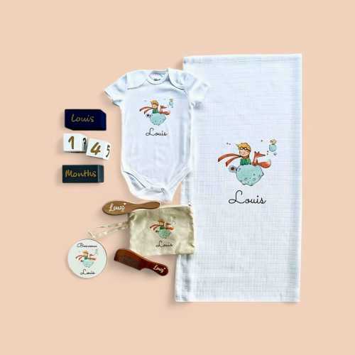 Personalized Organic Baby Gift Set, Little Prince Muslin Blanket Bodysuit