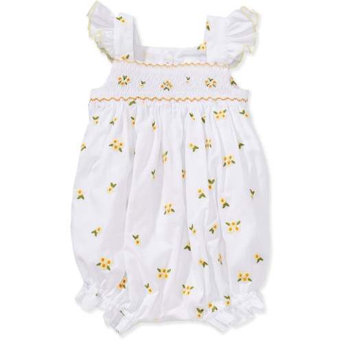 Edgehill Collection Baby Girls Flutter Sleeve Embroidered Smocking Disty Floral Bubble Romper