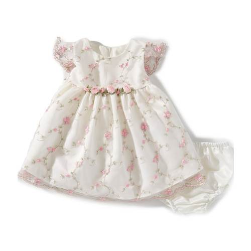 Rare Editions Baby Girls Flutter-Sleeve Floral/Vine-Embroidered Fit-And-Flare Dress